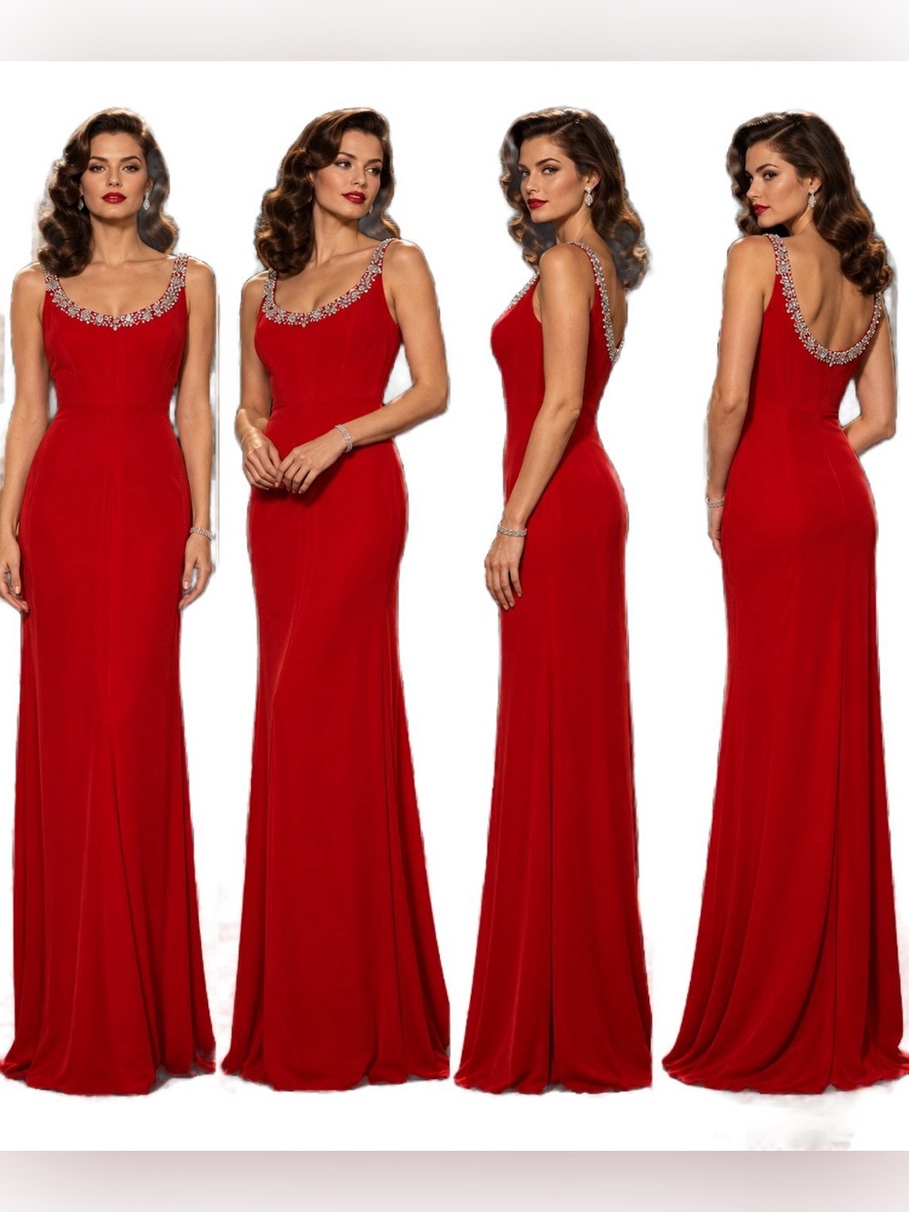Gala by Mon Cheri Red Formal Maxi Gown with Jeweled Neckline, Size 10.